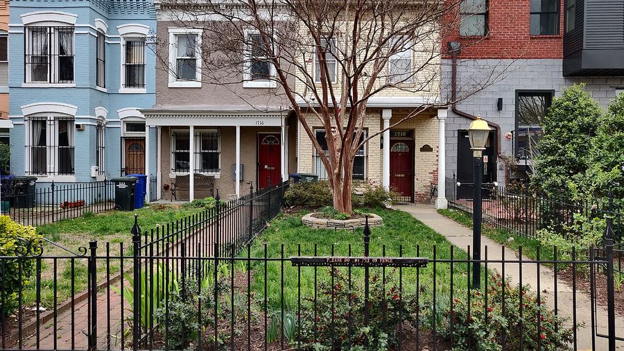 Washington, DC rowhouses with iron fences and front gardens